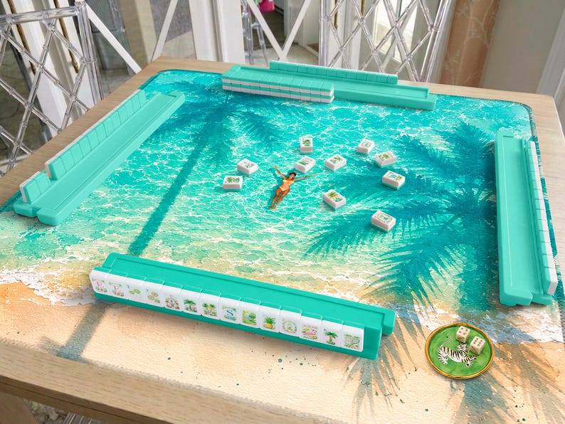 Teal Beach Mahjong Mat, Summer Coastal Escape Artwork, Travel Inspired Mahjong Gift, Hostess Gift