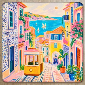 Lisbon Pink Mahjong Mat, Hand Painted Portugal Blue Mat, Coastal Travel Mahjong Gift