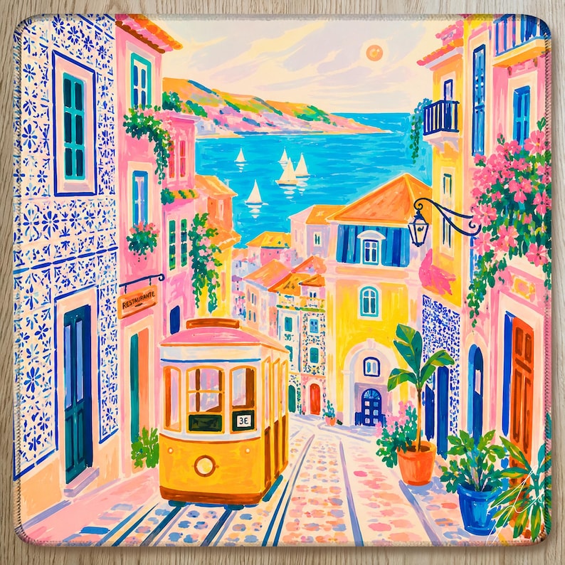 Lisbon Pink Mahjong Mat, Hand Painted Portugal Blue Mat, Coastal Travel Mahjong Gift