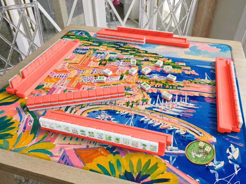 Monte Carlo Blue Mahjong Mat, Hand Painted Monaco Harbor Design, French Riviera Yacht Club Coastal Mat, Hostess Mahjong Gift