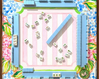Hydrangea Mahjong Mat Blue Stripe Pattern, Pink Floral Watercolor Design, Preppy Garden Party Style, American Mahjong Table Mat