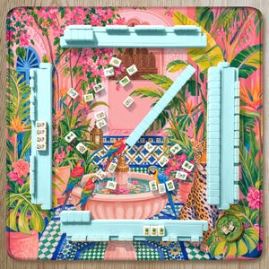 Moroccan Garden Mahjong Mat, Riad Courtyard Design with Leopard and Parrots, Pink Green Tropical Tile Fountain Scene, Luxury Maximalist Mahj