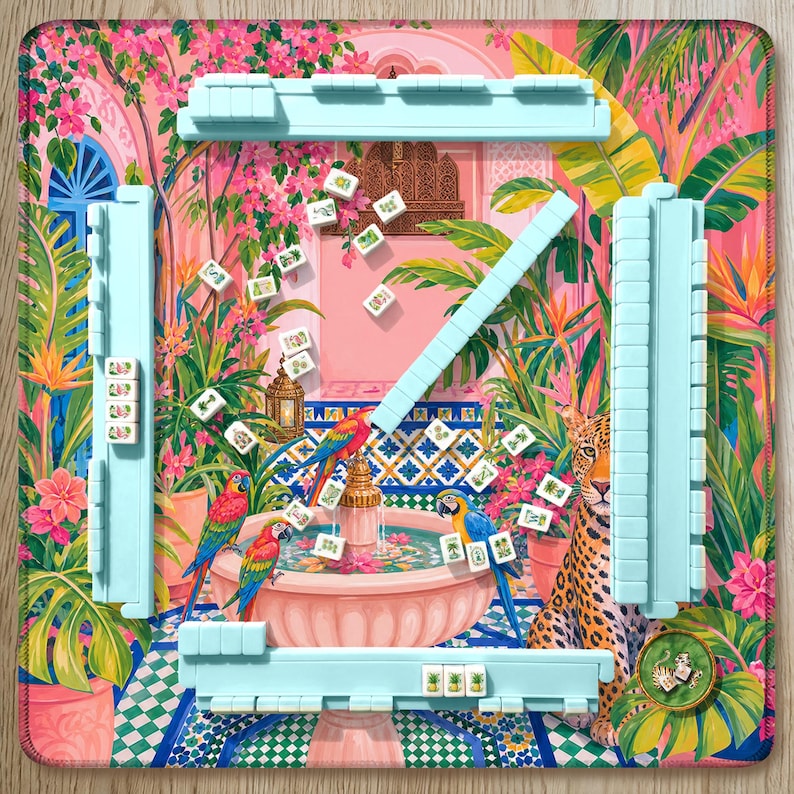 Moroccan Garden Mahjong Mat, Riad Courtyard Design with Leopard and Parrots, Pink Green Tropical Tile Fountain Scene, Luxury Maximalist Mahj
