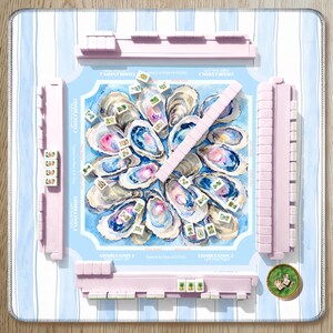 Oyster Shell Mahjong Mat with Rules, Coastal Blue Stripe Pattern, Beach House Design American Mahjong Table Mat, Preppy Gift