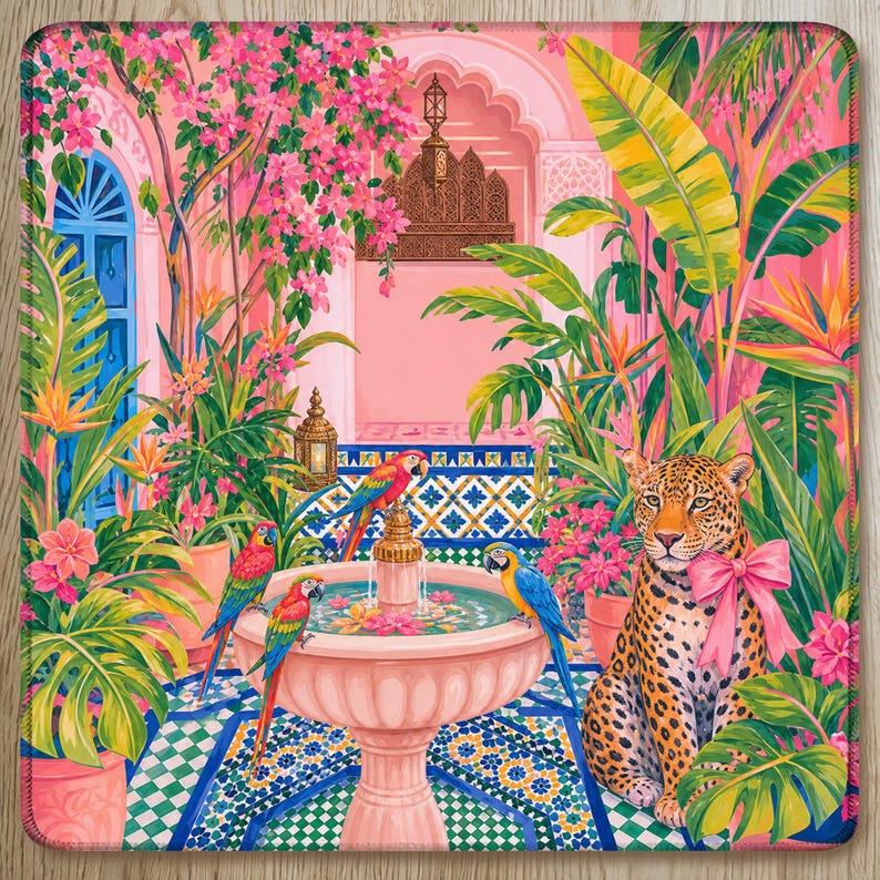 May include: A square decorative mat featuring a vibrant illustration of a pink courtyard with a central fountain, three colorful parrots, and a leopard wearing a large pink bow. The scene includes lush green tropical plants and blue tile patterns.