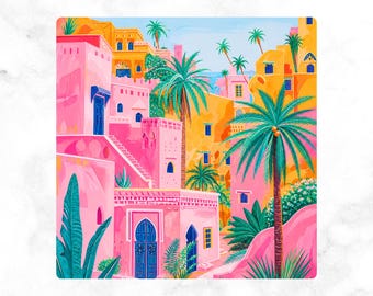 Pink Moroccan Village Mahjong Mat, Marrakech Palm Scene, Orange Desert Resort Style, Preppy Travel Aesthetic, American Mahjong Mat