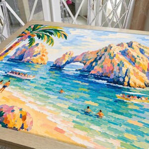 Hand Painted Los Cabos Mahjong Mat, Cabo San Lucas Beach and Arch, Mexico Fiesta Vacation Mahjong Gift for her