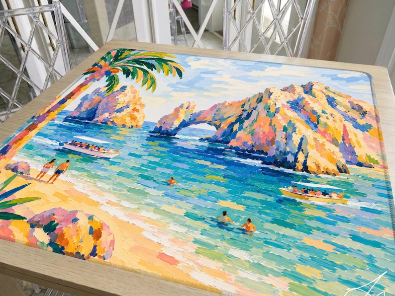 Hand Painted Los Cabos Mahjong Mat, Cabo San Lucas Beach and Arch, Mexico Fiesta Vacation Mahjong Gift for her