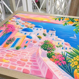 Santorini Mahjong Mat, Greek Island Coastal Design, Pink Blue Sunset Village Scene, Mediterranean Luxury Aesthetic, American Mahjong Mat