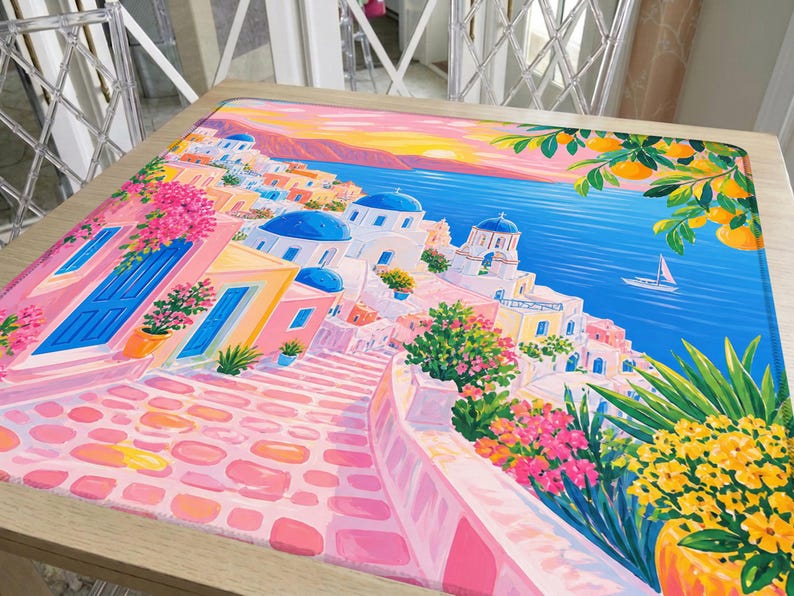 Santorini Mahjong Mat, Greek Island Coastal Design, Pink Blue Sunset Village Scene, Mediterranean Luxury Aesthetic, American Mahjong Mat