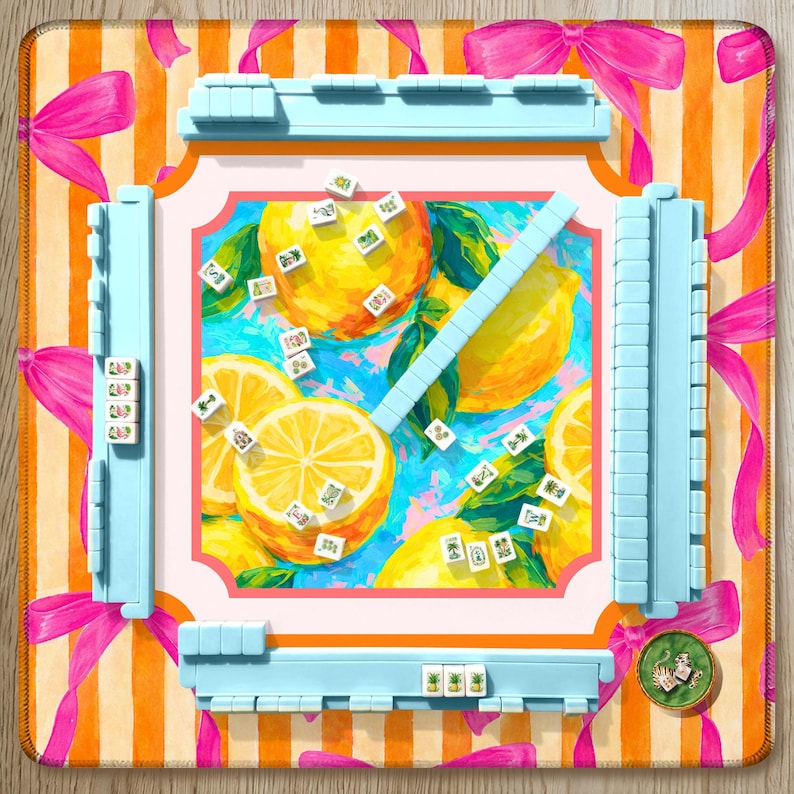 Teal Mahjong Mat Lemon Citrus Pattern, Orange Stripe Pink Ribbon Design, American Mahjong Table Mat, Preppy Gift