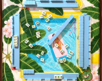 Poolside Mahjong Mat, Tropical Resort Design with Banana Leaves and Pink Float, Palm Beach Summer Style