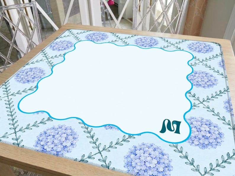 Coastal Hamptons Mahjong Mat, Blue Hydrangea Garden Mat, Birthday Gift for Mahjong Lovers or Hosts