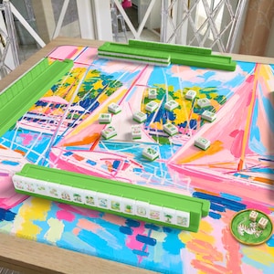Pink Sailboat Mahjong Mat, Preppy Yacht Club Style, Coastal Palm Beach Aesthetic, Blue Water Sailing Scene, American Mahjong Mat