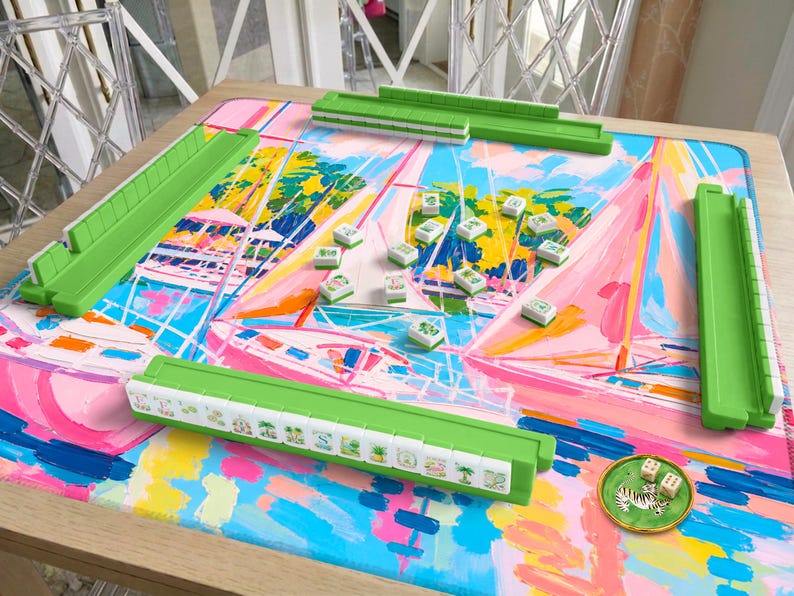 Pink Sailboat Mahjong Mat, Preppy Yacht Club Style, Coastal Palm Beach Aesthetic, Blue Water Sailing Scene, American Mahjong Mat