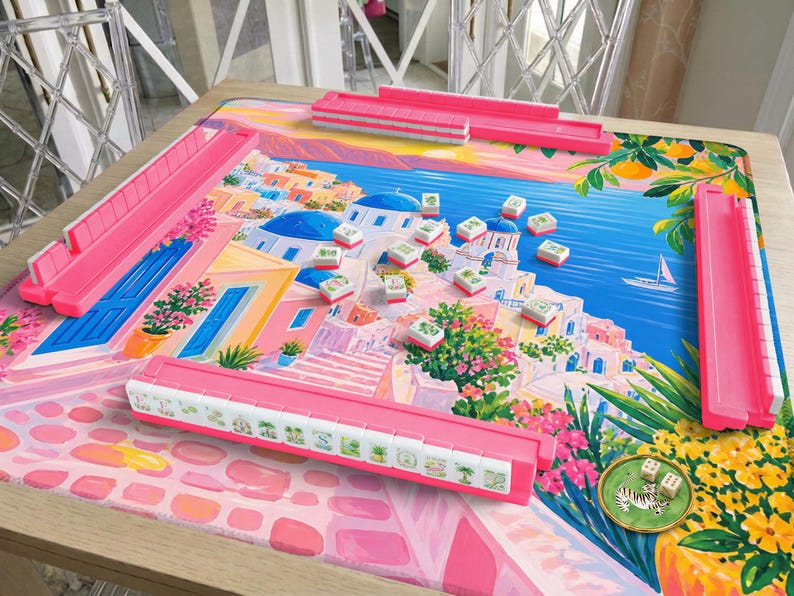 Santorini Mahjong Mat, Greek Island Coastal Design, Pink Blue Sunset Village Scene, Mediterranean Luxury Aesthetic, American Mahjong Mat