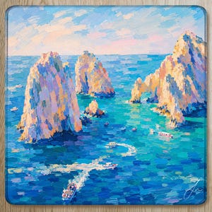 Los Cabos Blue Mahjong Mat Hand Painted Ocean Scene, Cabo Arch Coastal Mat, Mexico Travel Hostess Gift for her or him