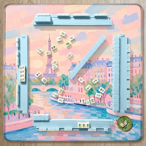 Paris Mahjong Mat, Pink and Blue Hand Painted Eiffel Tower Mat, Parisian Chic Seine River Scene, Hostess Mahjong Gift for her