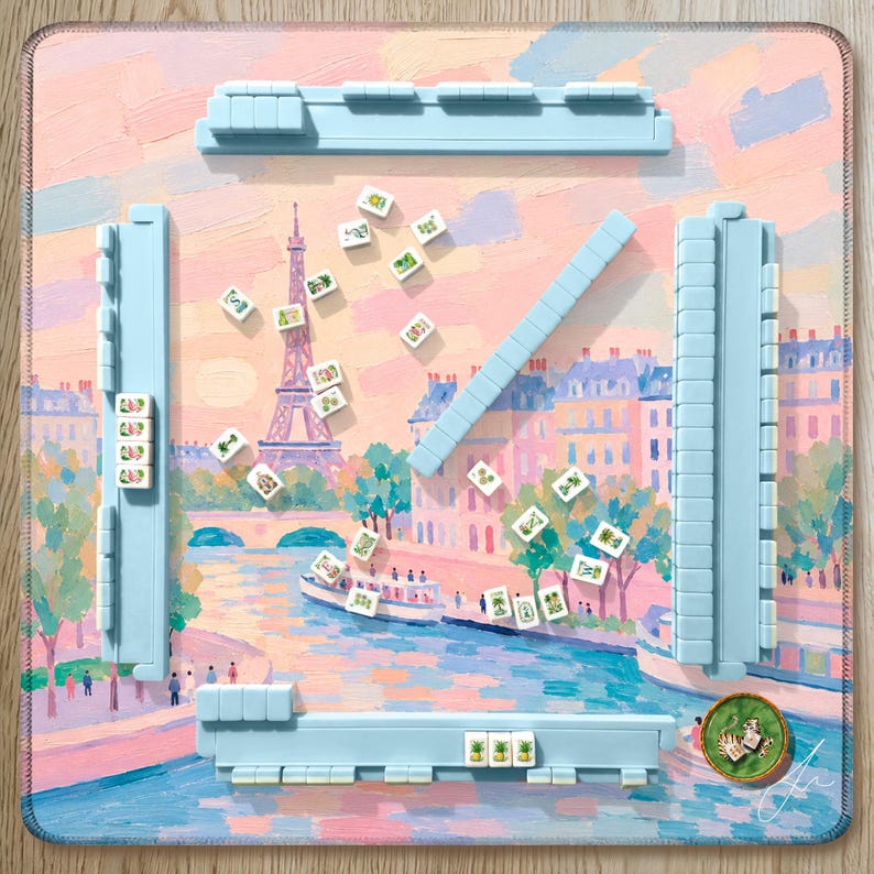 Paris Mahjong Mat, Pink and Blue Hand Painted Eiffel Tower Mat, Parisian Chic Seine River Scene, Hostess Mahjong Gift for her