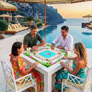 Palm Beach Mahjong Mat, Poolside Birthday Party Design with Pink Lounge Chairs and Green Tile Border, Preppy Resort Mahjong Mat