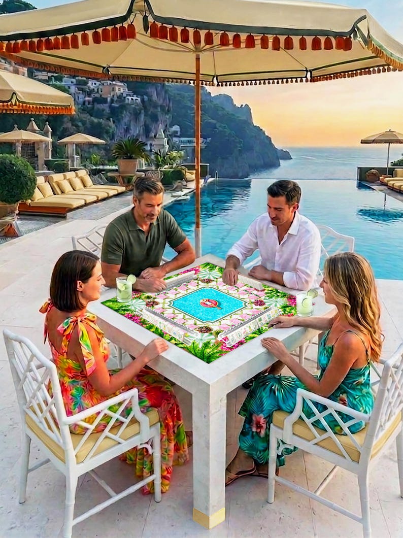 Palm Beach Mahjong Mat, Poolside Birthday Party Design with Pink Lounge Chairs and Green Tile Border, Preppy Resort Mahjong Mat