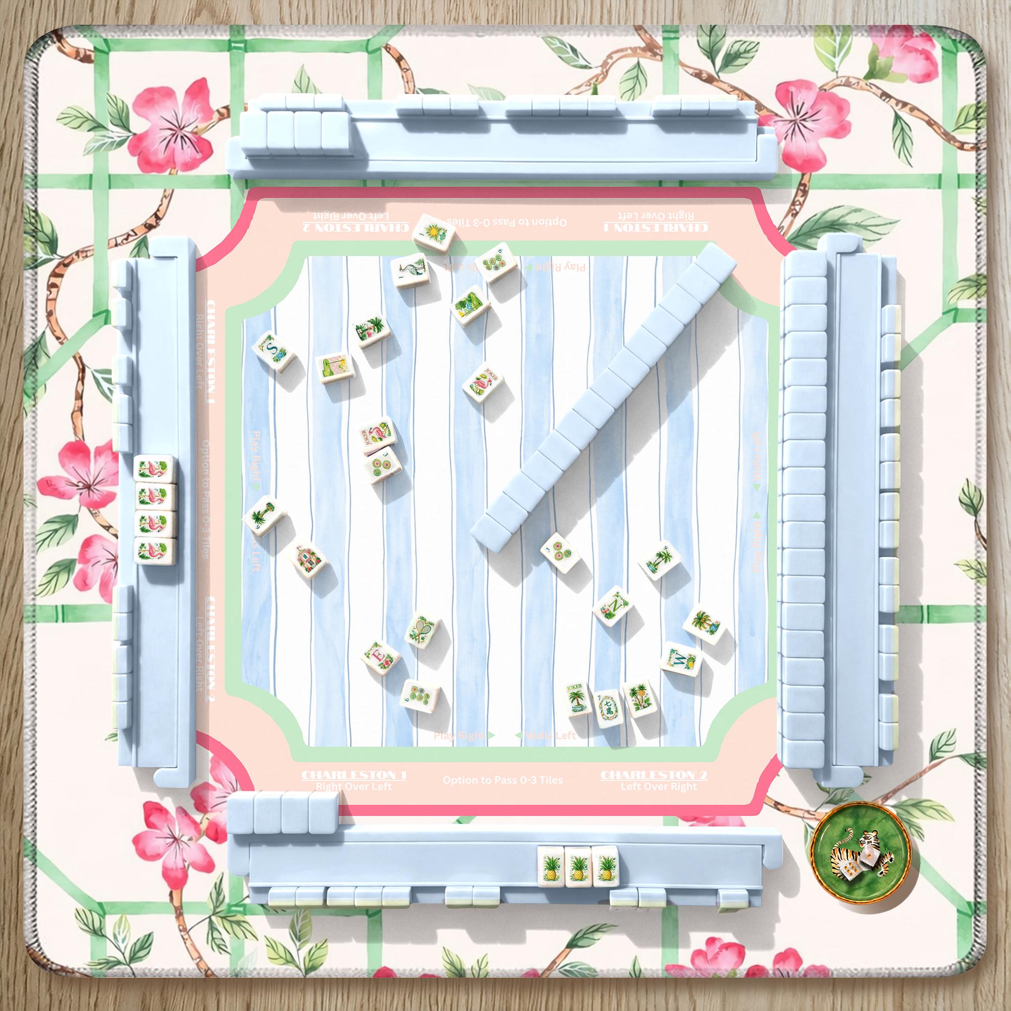 Mahjong Pattern Board Chinoiserie Mahjong Mat Bamboo Trellis Pattern, Blue Stripe Floral ...