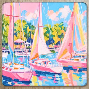 Pink Sailboat Mahjong Mat, Preppy Yacht Club Style, Coastal Palm Beach Aesthetic, Blue Water Sailing Scene, American Mahjong Mat