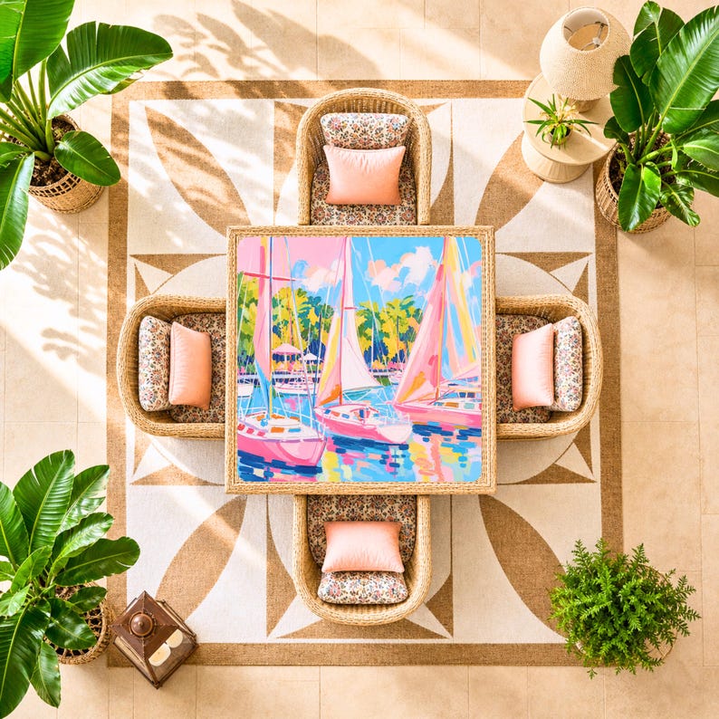 Pink Sailboat Mahjong Mat, Preppy Yacht Club Style, Coastal Palm Beach Aesthetic, Blue Water Sailing Scene, American Mahjong Mat