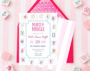 Mahjong einladen, bearbeitbare Mädchen Spielnacht Einladung, druckbare Mahjong Partykarte, sofortiger Download Canva, Geburtstagskarte