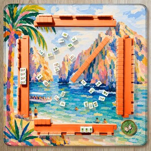 Hand Painted Los Cabos Mahjong Mat, Cabo San Lucas Beach and Arch, Mexico Fiesta Vacation Mahjong Gift for her