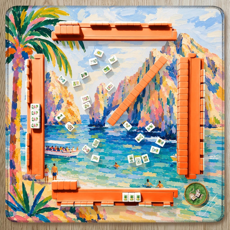 Hand Painted Los Cabos Mahjong Mat, Cabo San Lucas Beach and Arch, Mexico Fiesta Vacation Mahjong Gift for her