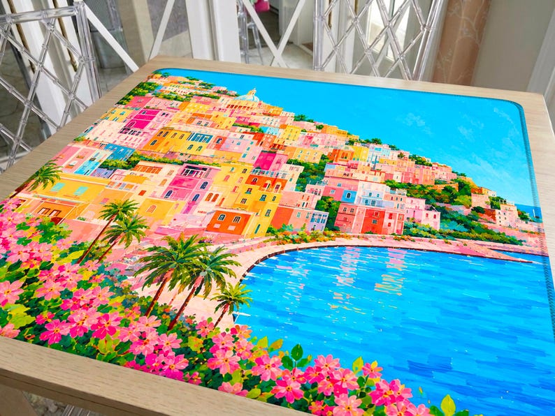 Amalfi Coast Mahjong Mat Positano Italy Painting, Mediterranean Summer Coastal Design, Travel Gift