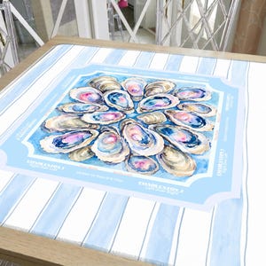 Oyster Shell Mahjong Mat with Rules, Coastal Blue Stripe Pattern, Beach House Design American Mahjong Table Mat, Preppy Gift