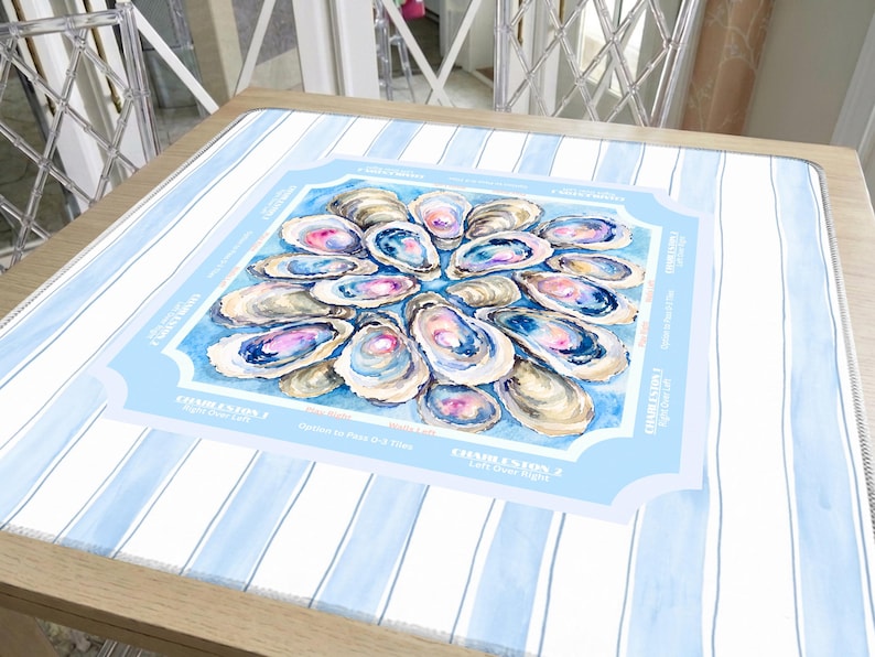 Oyster Shell Mahjong Mat with Rules, Coastal Blue Stripe Pattern, Beach House Design American Mahjong Table Mat, Preppy Gift