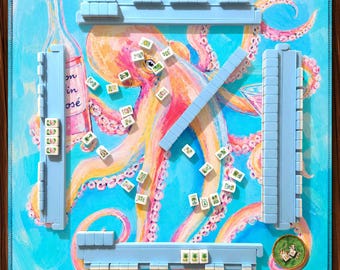 Octopus Mahjong Mat, Coastal Cocktail Design, Teal Pink Beach Club Aesthetic, Rosé Martini Theme, American Mahjong Mat