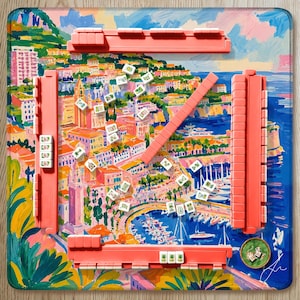 Monte Carlo Blue Mahjong Mat, Hand Painted Monaco Harbor Design, French Riviera Yacht Club Coastal Mat, Hostess Mahjong Gift