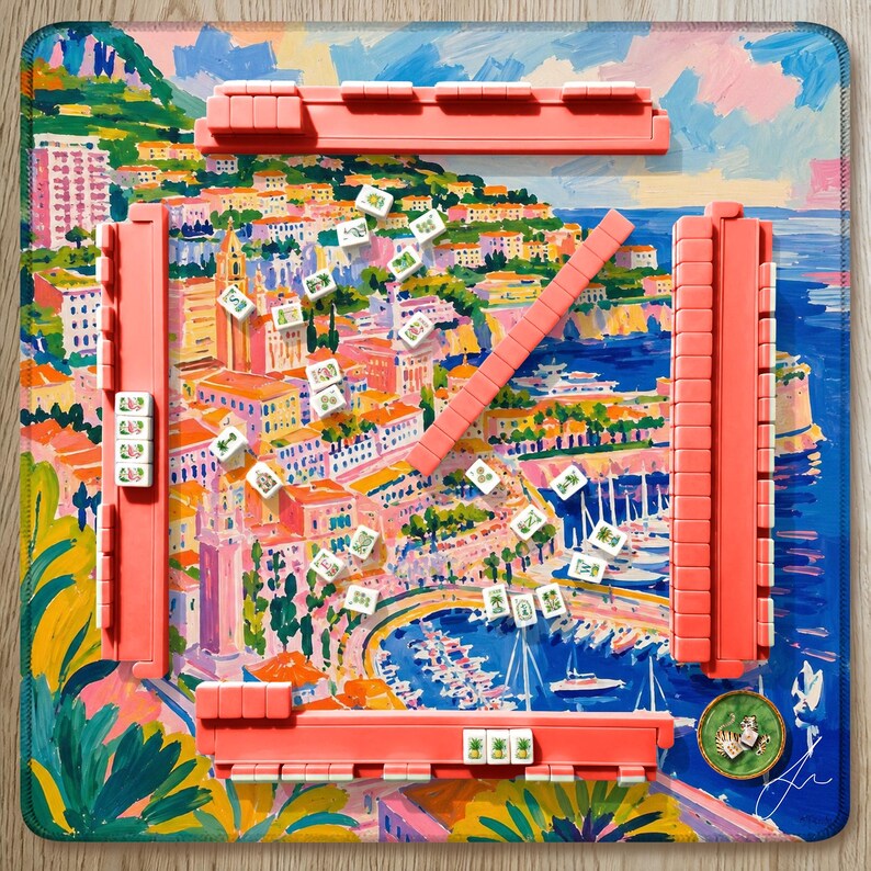 Monte Carlo Blue Mahjong Mat, Hand Painted Monaco Harbor Design, French Riviera Yacht Club Coastal Mat, Hostess Mahjong Gift