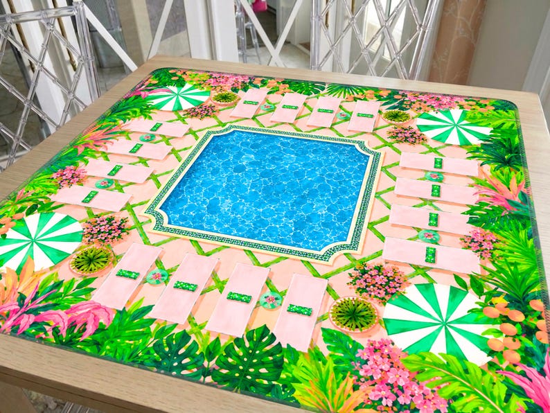 Beverly Hills Mahjong Mat Poolside Tropical Design, Palm Beach Cabana Pattern, Preppy Resort Style Table Mat