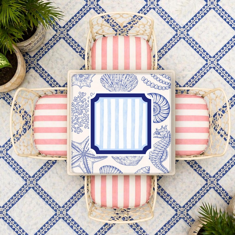 Mahjong Mat Blue Stripe Pattern, Coastal Seashell Design Nautical Style, Beach House Preppy Look, Gift for Dad or Husband