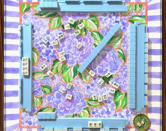 Lavender Purple Hydrangea Mahjong Mat, Lilac Stripe Floral Design, Summer Brunch Garden Party Style, Hostess Birthday Gift