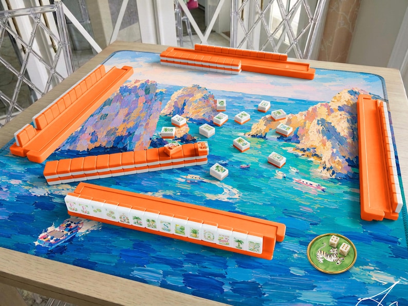 Los Cabos Blue Mahjong Mat Hand Painted Ocean Scene, Cabo Arch Coastal Mat, Mexico Travel Hostess Gift for her or him
