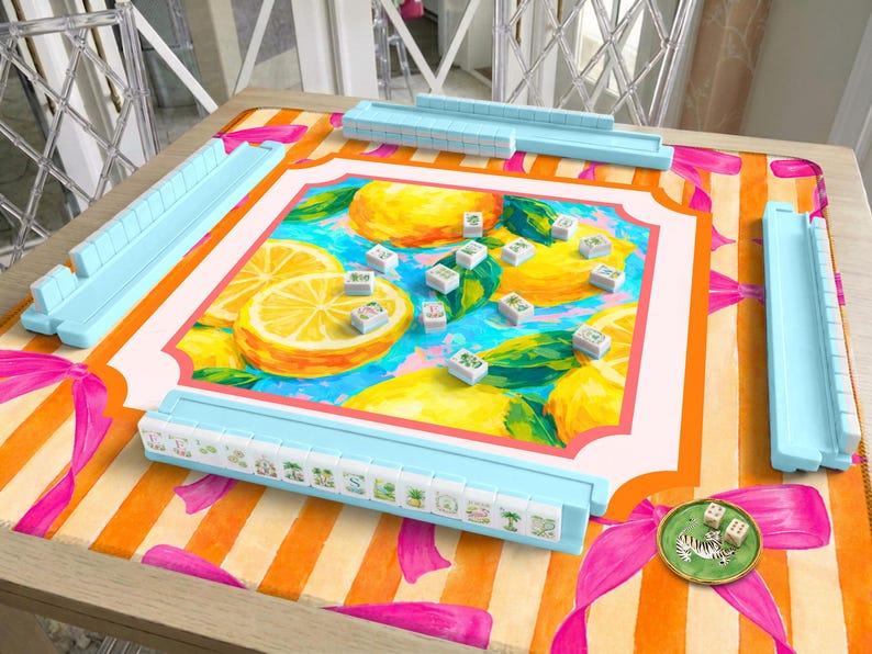 Teal Mahjong Mat Lemon Citrus Pattern, Orange Stripe Pink Ribbon Design, American Mahjong Table Mat, Preppy Gift