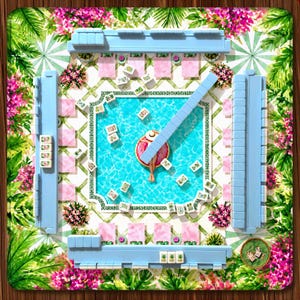 Op de afbeelding: Een vierkante mahjong-spelset met een levendige speelmat in zwembadthema, roze ligstoelen, groene palmbladeren en felroze bloemen. De set bevat vier lichtblauwe tegelhouders en witte mahjong-tegels met kleurrijke afbeeldingen.