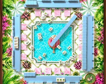 Palm Beach Mahjong Mat, Poolside Birthday Party Design with Pink Lounge Chairs and Green Tile Border, Preppy Resort Mahjong Mat
