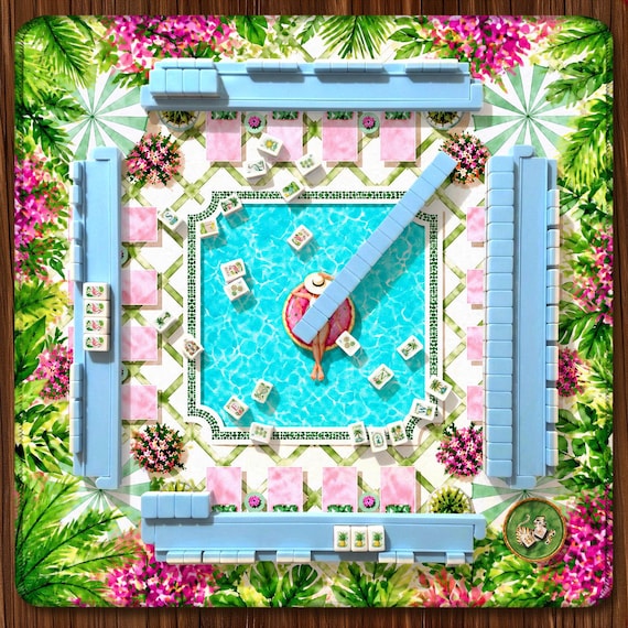 Palm Beach Neoprene Mahjong Mat, Poolside Birthday Party Design with Pink Lounge Chairs and Green Tile Border, Preppy Resort Mahjong Mat