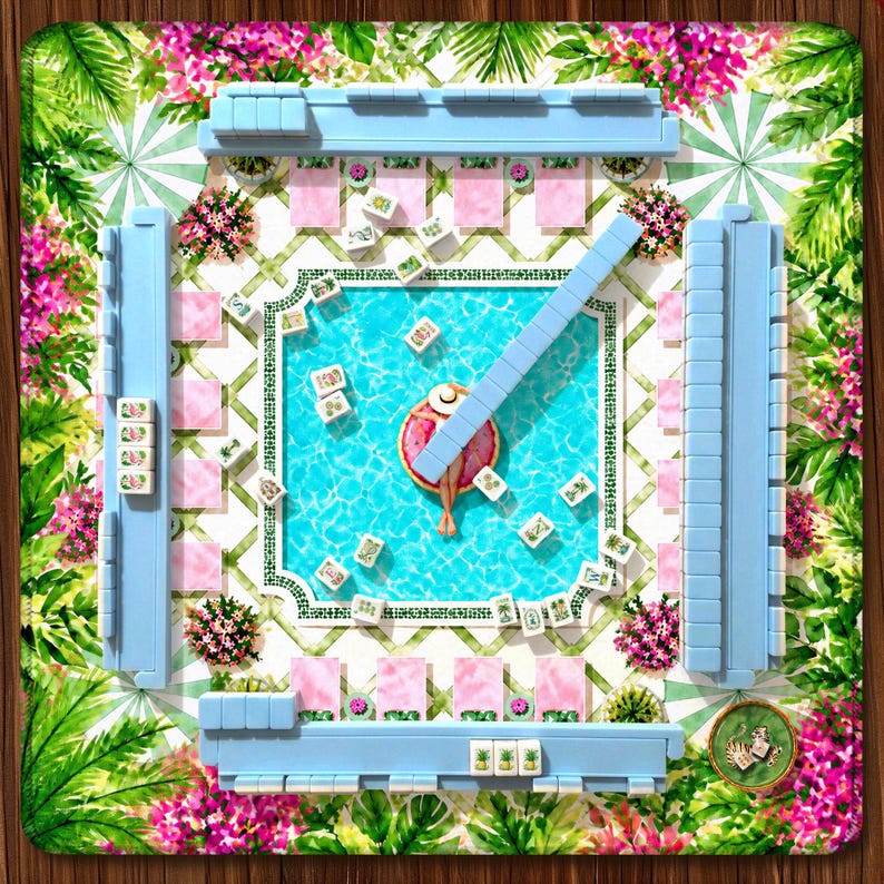 Palm Beach Mahjong Mat, Poolside Birthday Party Design with Pink Lounge Chairs and Green Tile Border, Preppy Resort Mahjong Mat