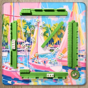 Pink Sailboat Mahjong Mat, Preppy Yacht Club Style, Coastal Palm Beach Aesthetic, Blue Water Sailing Scene, American Mahjong Mat