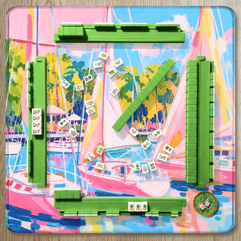 Pink Sailboat Mahjong Mat, Preppy Yacht Club Style, Coastal Palm Beach Aesthetic, Blue Water Sailing Scene, American Mahjong Mat
