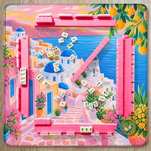 Santorini Mahjong Mat, Greek Island Coastal Design, Pink Blue Sunset Village Scene, Mediterranean Luxury Aesthetic, American Mahjong Mat