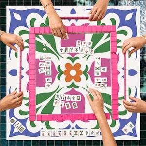 Tulip Mahjong Mat, Colorful Floral Pattern, Pink Green Blue Design, American Mahjong Table Mat